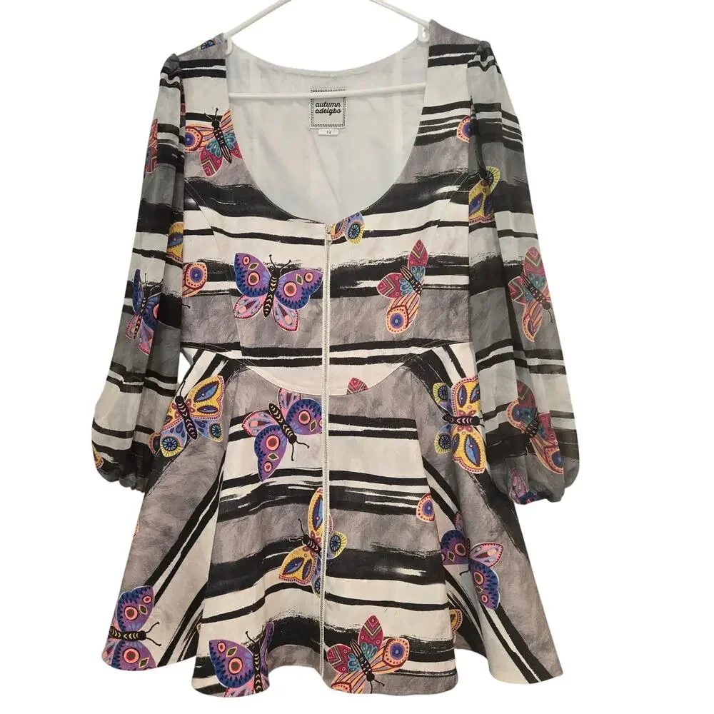 Autumn Adeigbo Butterfly Fit & Flare Dress Size 12 Long Sleeve Zip Front Mini - Picture 3 of 11